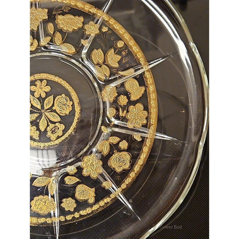 Vintage 1950'S Culver Glass 22K Gold Embossed Serving Plate, 11” Floral Design